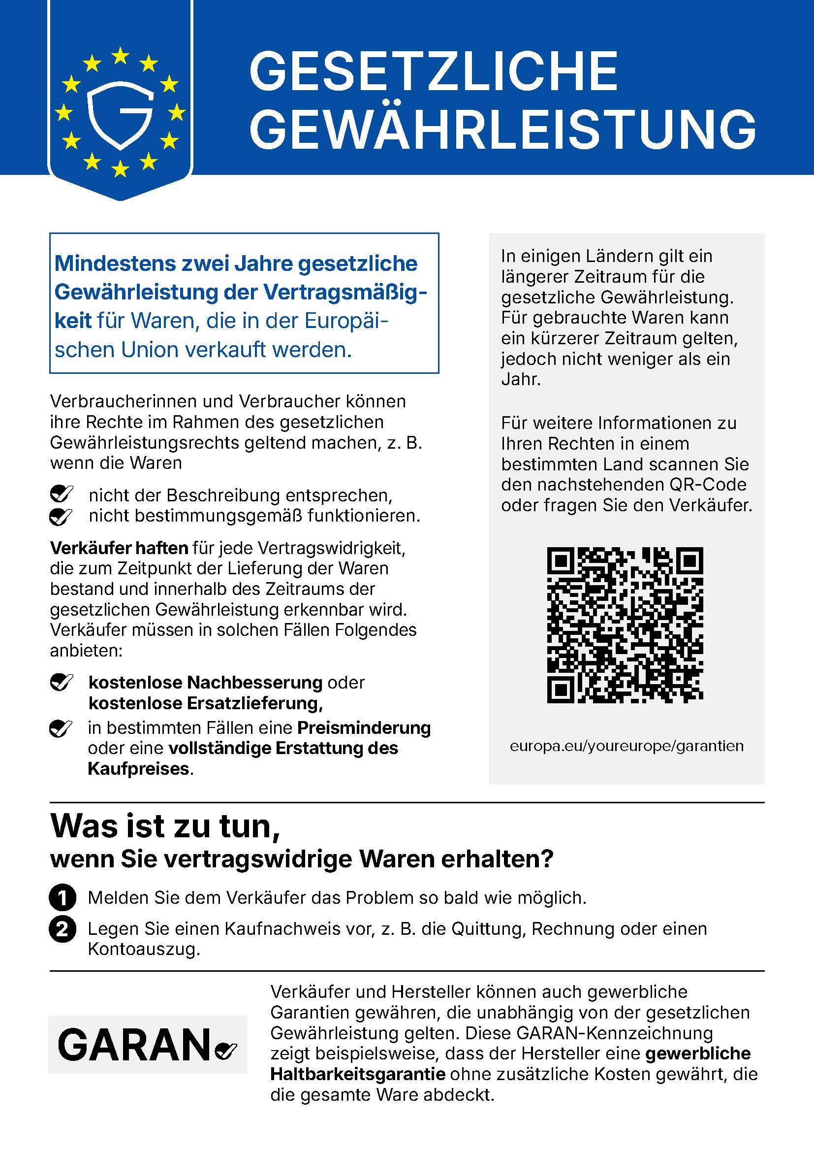 Offizielles EU-Gewährleistungslabel für die gesetzliche Mängelhaftung